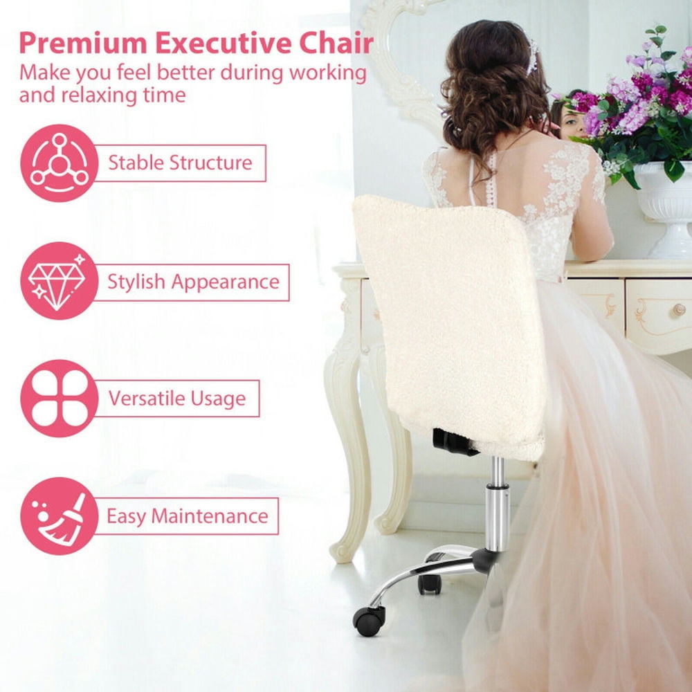 Demi Bonn Armless Faux Fur Leisure Office Chair with Adjustable Swivel, Rolling Work Computer Desk Chair for Home, Bedroom, Study, White