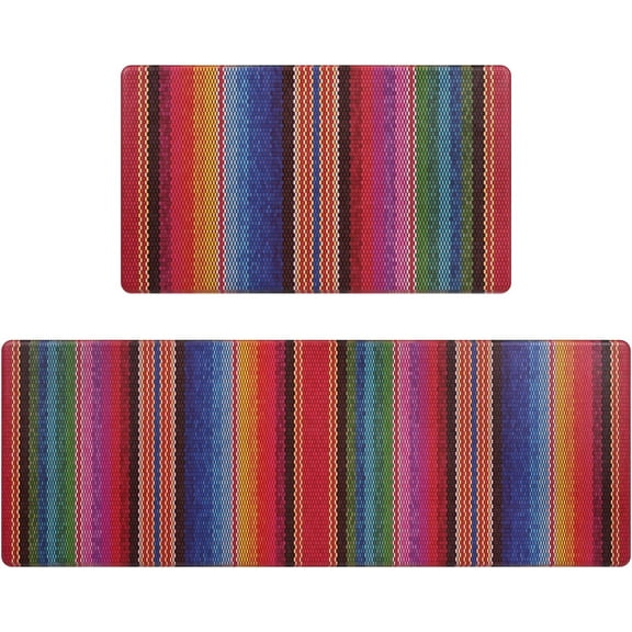 Striped Kitchen Rugs Set of 2, Cushioned Anti-Fatigue Kitchen Mats for Floor, Boho Rainbow Color Kitchen Mats, Non-Slip Waterproof Kitchen Floor Mat Washable for Kitchen, Home, Office, Laundry