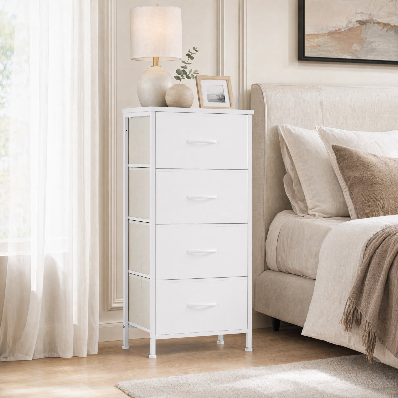 Telyra 4-Drawer Fabric Dresser 37.4" Tall Storage Tower with Wood Top and Steel Frame Narrow Organizer, White