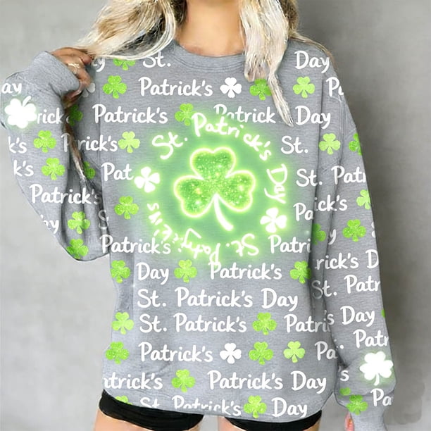 TaTaai Ladies St. Patricks Day Clover Graphic Long Sleeve Crew Neck Sweatshirt Casual Loose Fit Soft Comfortable Fashion Pullover Top Festive Daily Wear Shirt Gift