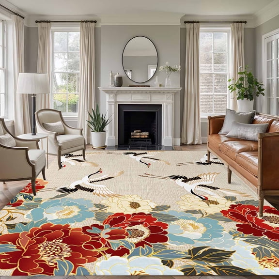Japanese Style Area Rugs 5'x8', Washable Small Throw Rugs for Classroom Bedroom, Country Vintage Blossom Peony Birds Indoor Outdoor Rug Non-Slip Low Pile Carpet Runner Reversible Floor Mats