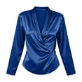 thumbnail image 2 of Vivianyo HD Women's Wrap V Neck Satin Blouses, Irregular Ruched Long Sleeve Solid Casual Silky Tops for Women, Women's Blue, Sizes S-3XL, 2 of 5