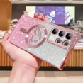 thumbnail image 3 of Zonrw Para Samsung Galaxy S22 Ultra Funda Magnética Para Mujer Niña Suave Lindo Lujo Amor Corazón Chapado Bling Degradado Glitter Funda Para Teléfono Compatible Con Magsafe Transparente A Prueba De Go, 3 of 5