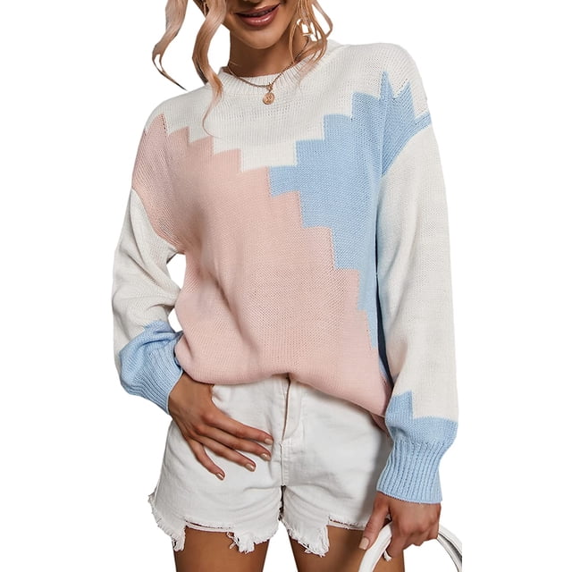 Women Sweaters-Oversized Chunky Knit Color Block Drop Shoulder Batwing Sleeve Pullover Sweater Tops