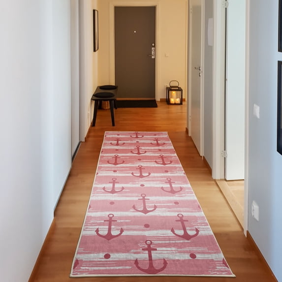 Marine Decorative Rug, Anchors and Skulls Crossed Bones Dots Pirate Horror Fear Seaman Illustration Art, Quality Carpet for Bedroom Dorm and Living Room, 6 Sizes, Pastel Pink, by Ambesonne