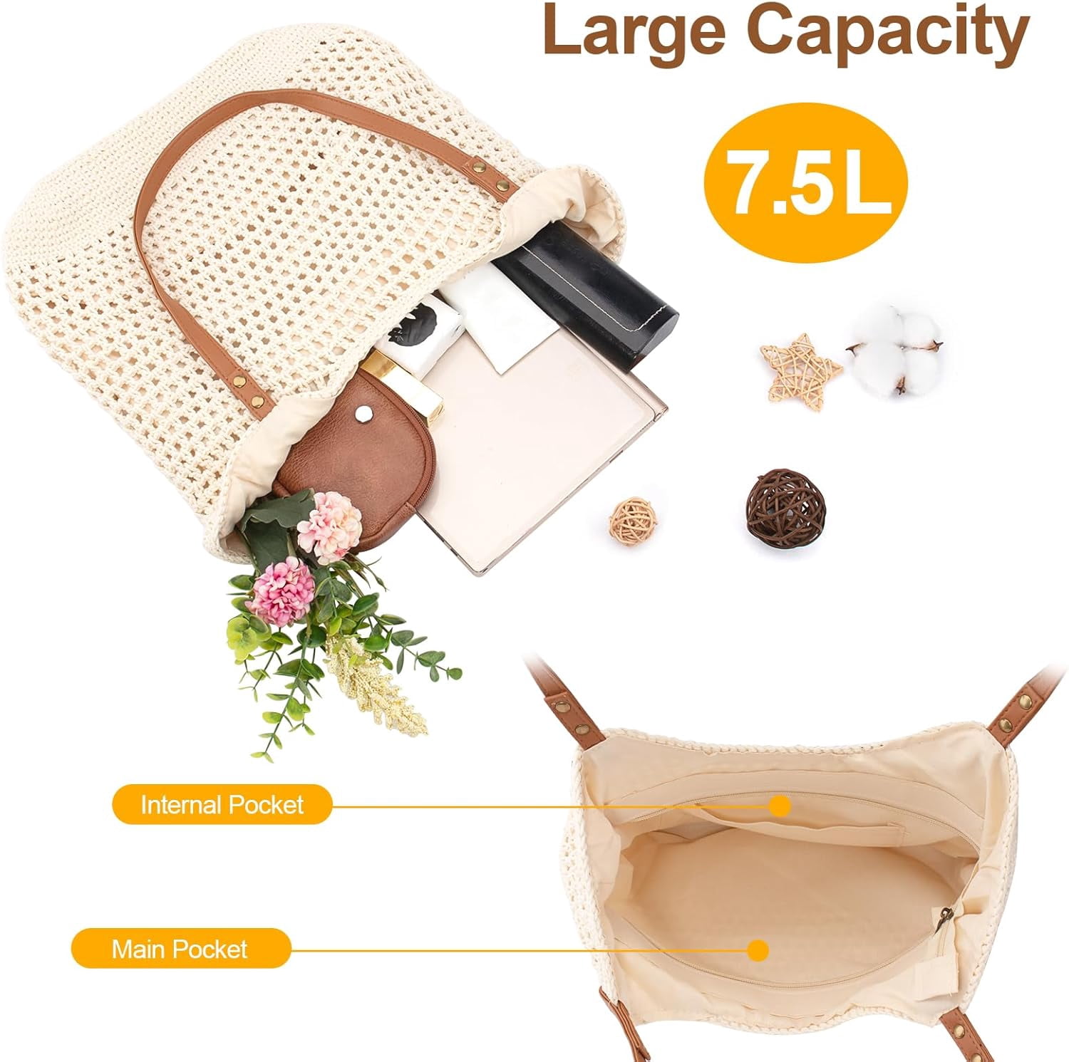 Leaf Women's Crochet Beach Bag Summer Handbag Bohemian Shoulder Bag with Leak-Proof Lining, Suitable for Vacation Travel Woven Purse