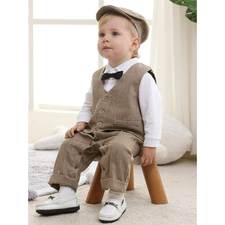WESIDOM Baby Boy Suit Outfits Set 3pcs Infant Tuxedo Long Sleeve Gentleman Wedding Jumpsuit Vest Coat Beret Hat