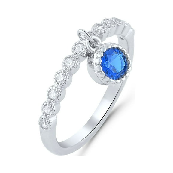 Sterling Silver Thin Stackable Blue Cz Dangling Charm Ring for Women and Teens - Size 4