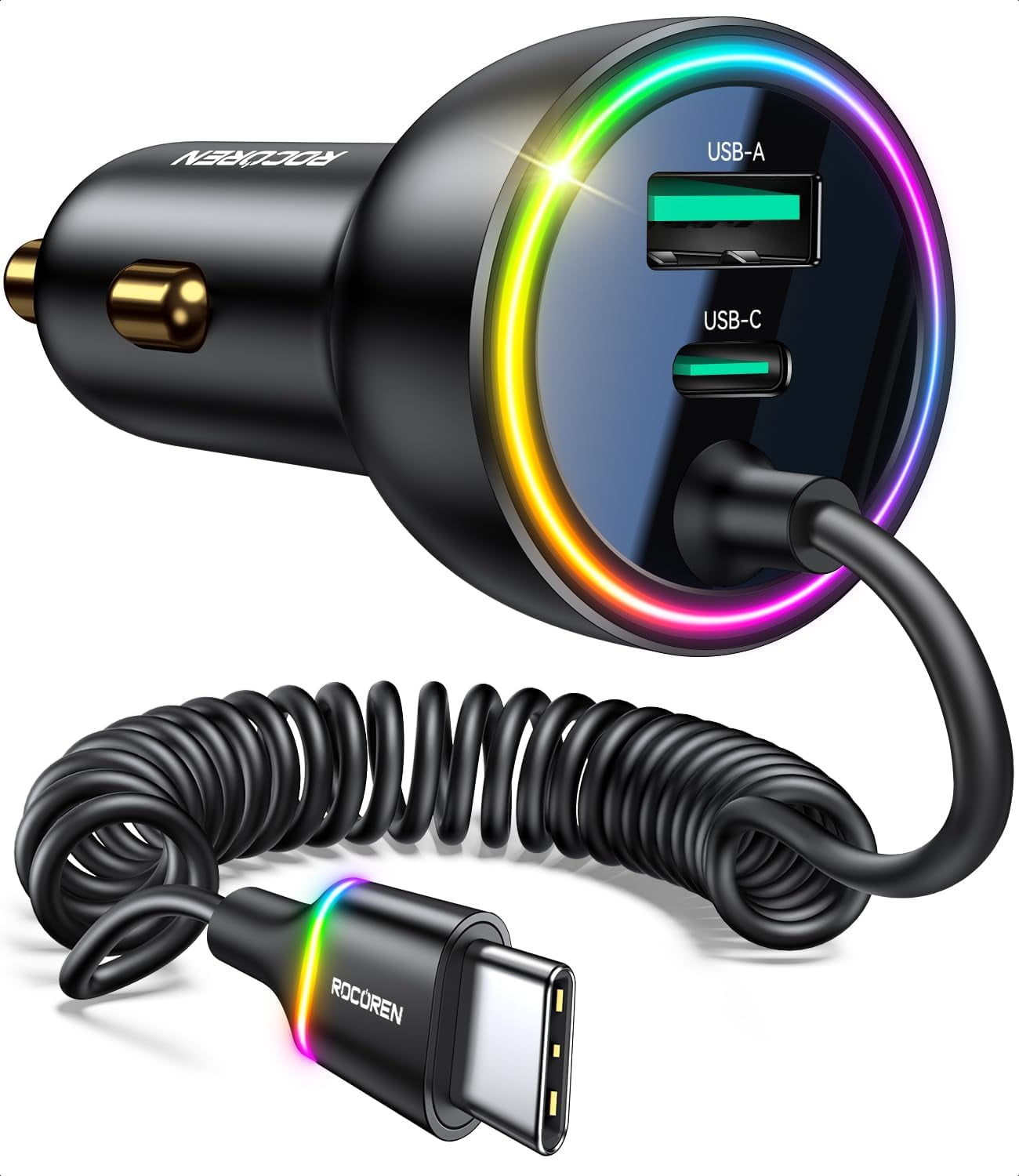 RGHJAR-70W Car Charger for iPhone 17 Pro Max, USB C Car Charger Fast Charging with 5.2Ft Type C Coiled Cable, Super Fast USBC Phone Cigarette Lighter Adapter for iPhone 17/16/15, iPad,Samsung,Android