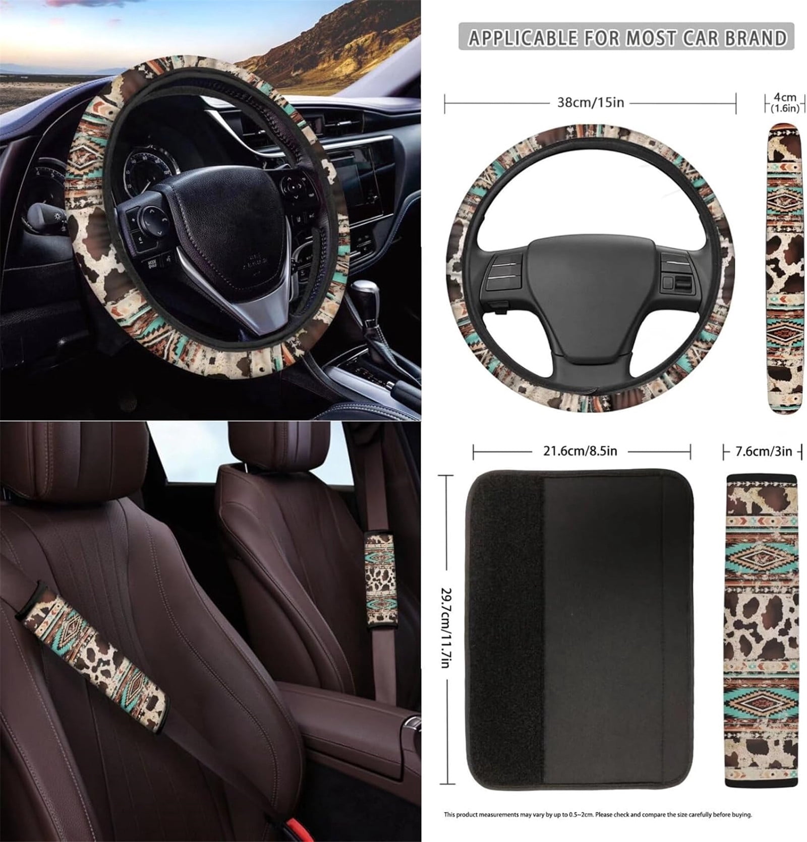 Yuyamidu Brown Cow Print Car Seat Cover Set of 12 Western Aztec Front Seat Covers Steering Wheel Cover Seatbelt Pads Armrest Cover Trash Can Air Vent Holder Rearview Mirror Cover Coasters Keychain