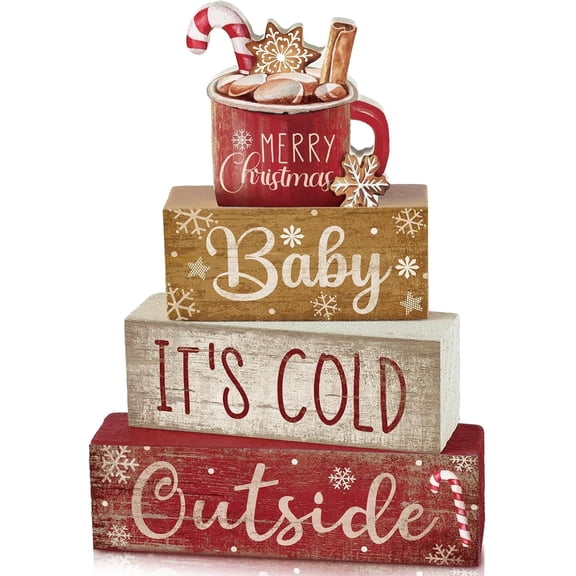 4 Pcs Christmas Table Decor Wooden Hot Cocoa Decoration Christmas Centerpiece Winter Tiered Tray Decor Decorative Red Hot Cocoa Block Signs Gift Farmhouse Xmas Decoration for Home Kitchen