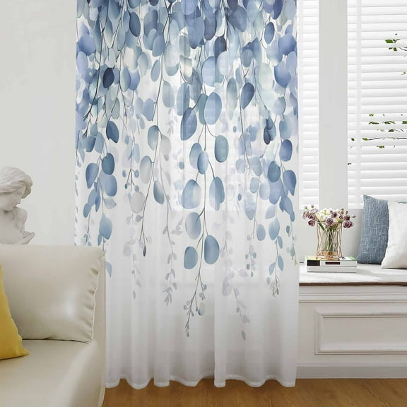Blue Eucalyptus Leaves Semi Sheer Curtains Drapes for Living Room, Bedroom, French Doors Window 54 Inches Long, Summer Botanical Weeping Rod Pocket Chiffon Curtain Drapery Voile Draperies Panel