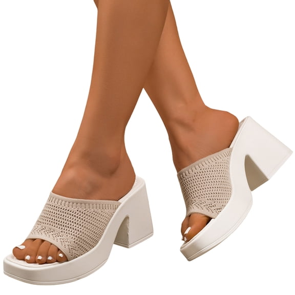 Rokment Women's Platform High Heels Dress Sandals 2026 Summer Trendy Casual Stretchy Mesh Open Square Toe Chunky Block Heeled Slip on Slides Dressy Slippers for Ladies Beige Size 6