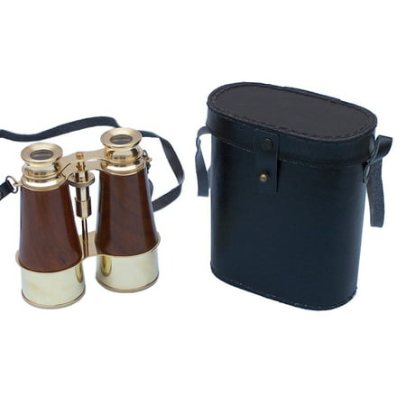 Captain's Brass and Wood Binoculars with Leather Case