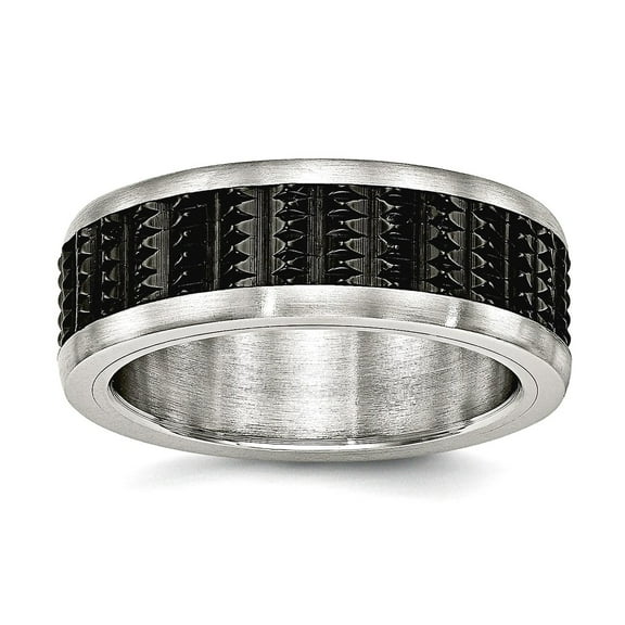 8mm Stainless Steel Brushed Polished Black Ip Textured Ring Size 10 Ring for Women