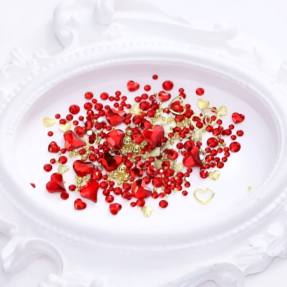 RAGUPEL Valentine's Day Nail Art Rhinestones Charms Red Gold Heart Nail Rhinestones Nail Studs Hollow Heart Solid Crystal Heart Pearl Nail Designs for Valentine's Day