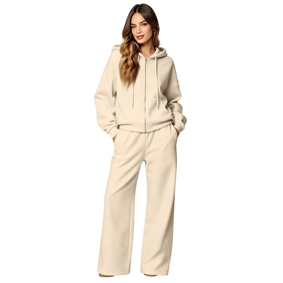 Rexolia Women’s Zip Hoodie & Matching Sweatpants Set Cozy Fall Lounge 2-Piece Beige L