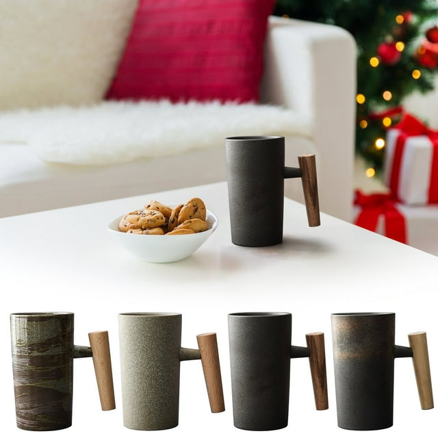 Vaidha Nordic Earth Mugs Hand Made Ceramic Coffee Mug Retro Stoneware With Wooden Handle 201-300ml Capacity Family And Ideal For Office And Home