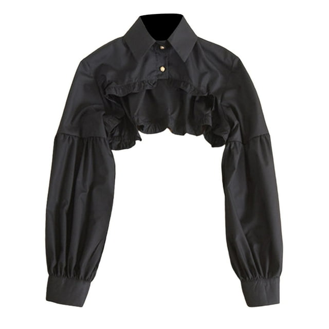 Camisa de algodón con cuello vuelto falso para mujer, media camisa abullonada de manga larga desmontable Negro