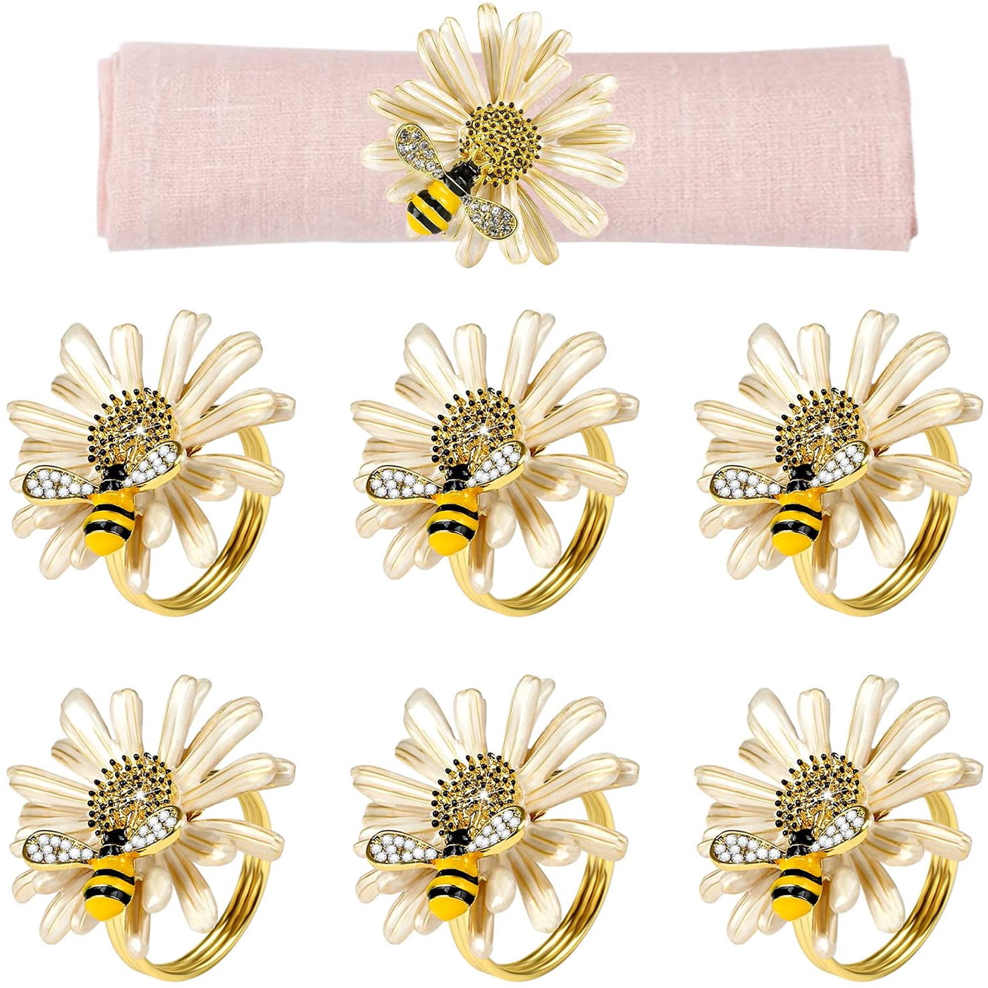 Bee Napkin Rings Set of 6, Daisy Flower Napkin Rings Gold Bee Napkin
