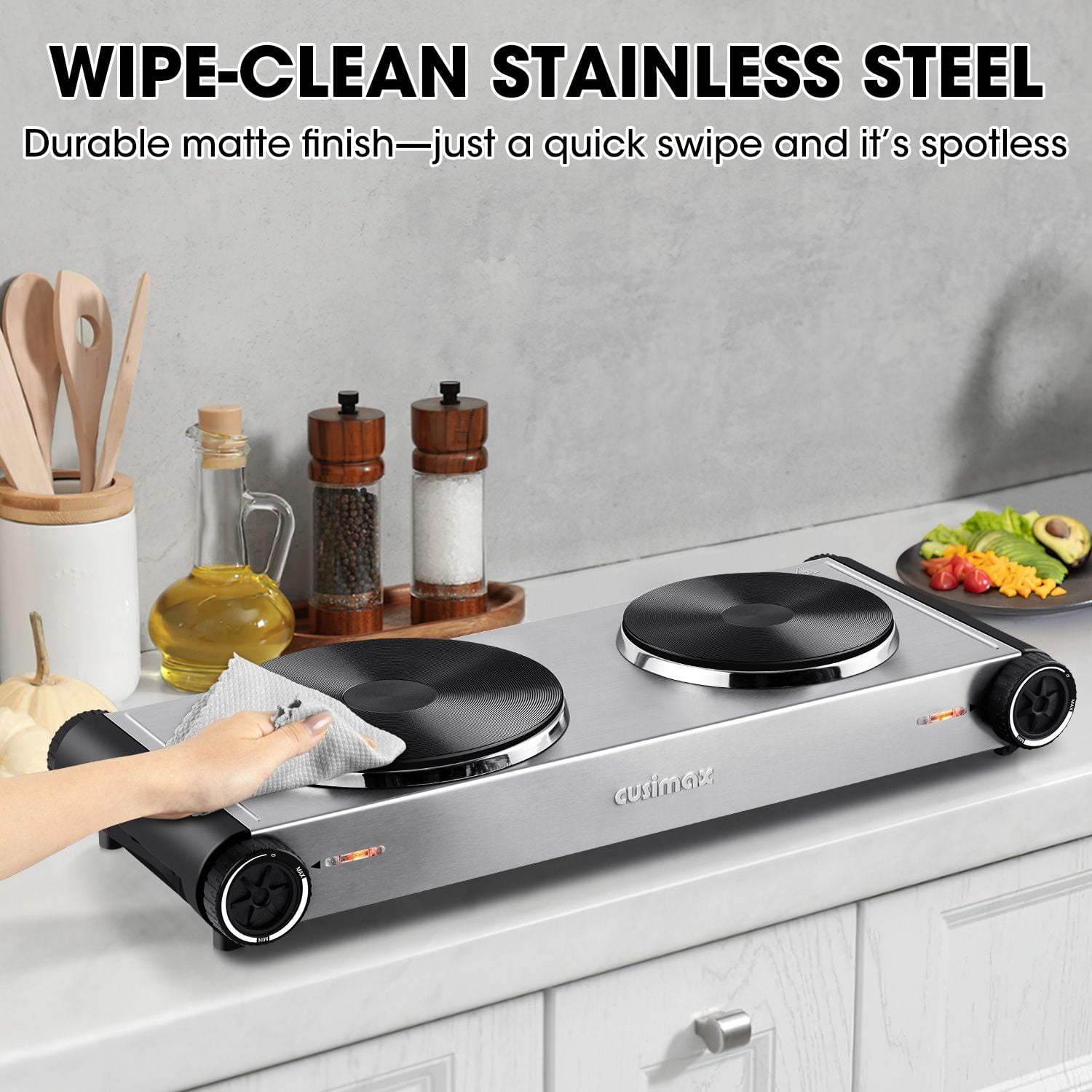 CUSIMAX 1800W Double Burner Hot Plate,Walmart Exclusive Portable Countertop Cast-Iron Stove with Concealed Handle, Independent Heat Controls & Easy-Clean Black Stainless Design
