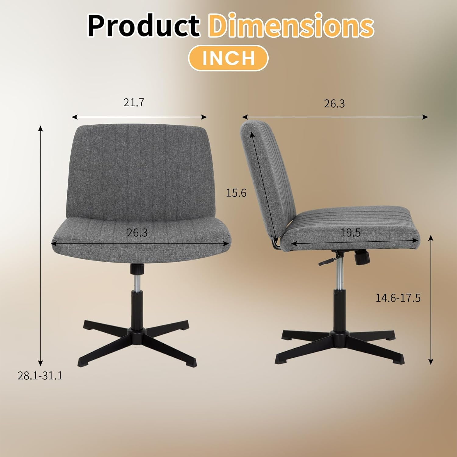 XF XINFENG Criss Cross Task Chair Armless No Wheels Modern Swivel Height Adjustable 250lb Capacity  Ergonomic Desk With Wide Seat Back Computer Vanity Home Office Chairs, Grey