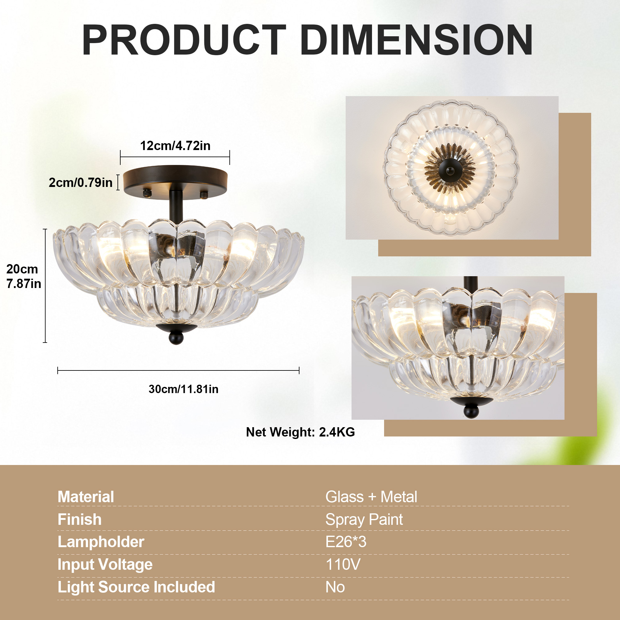 Leumius Semi Flush Mount Ceiling Light, 3-Light Close to Ceiling Light Fixtures with Flower Glass, Vintage Ceiling Lights for Hallway Living Room Kitchen Bedroom Bathroom, Clear+Black