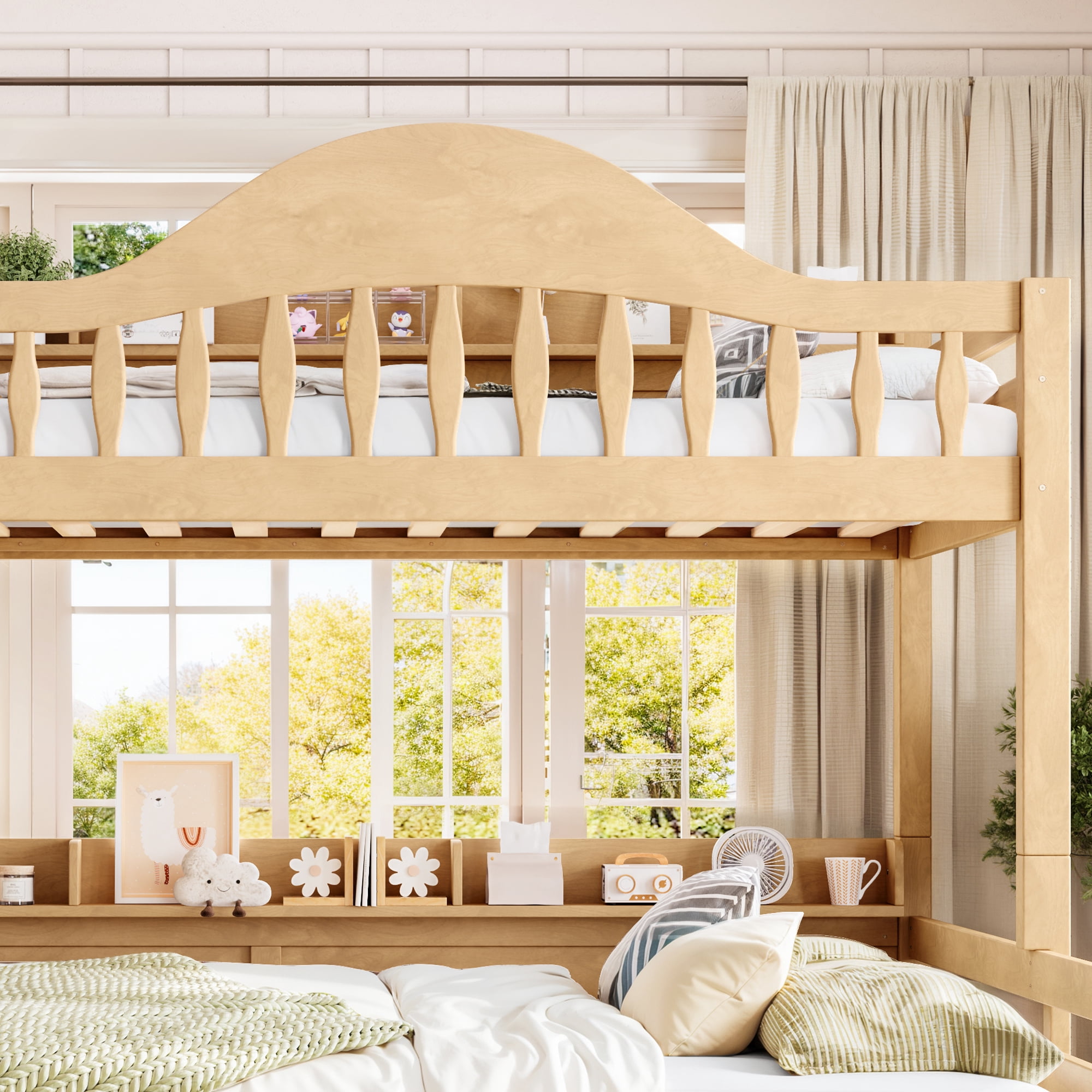 Leumius Twin XL over Queen Bunk Bed with Storage Drawers, Chic Curved Guardrail & Side Storage Shelves, Bunk Bed Frame with Ladder Natural