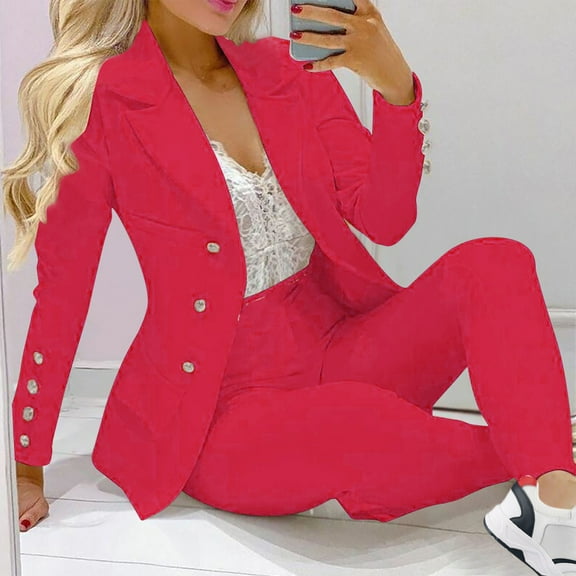 Meichang 2 Piece Outfits for Women Long Sleeve Double Breasted Blazer And Slimming Solid Pants Elegant Work Business Suit Sets