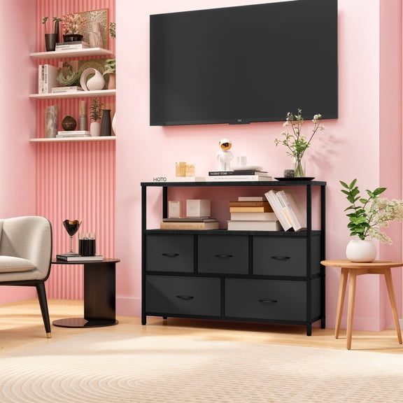 Small TV Stand, Black Dresser TV Stand for Bedroom, Entertainment Center for 45 Inch TV with Drawers, Fabric, Adjustable Feet, Living Room