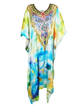 Mogul Women BLUE Jewel Print Maxi Caftan Beach Party Wear, Loungewear Kaftans Long Dress One Size