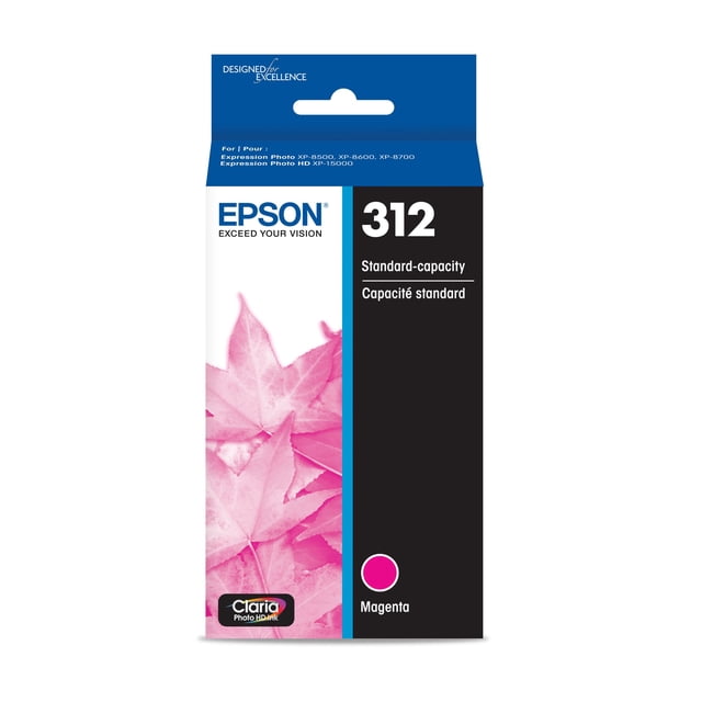 cartucho de tinta epson 312 claria photo hd magenta t312320-s caja frontal vertical; vista centrada con panel izquierdo de hojas rosas y logo Claria Photo HD, panel derecho negro con banda azul, número 312 grande, texto "Standard-capacity" y punto de color magenta; compatible con Expression Photo XP-8500/8600/8700/15000. También suele usarse como cartucho de repuesto en kits de impresión doméstica.