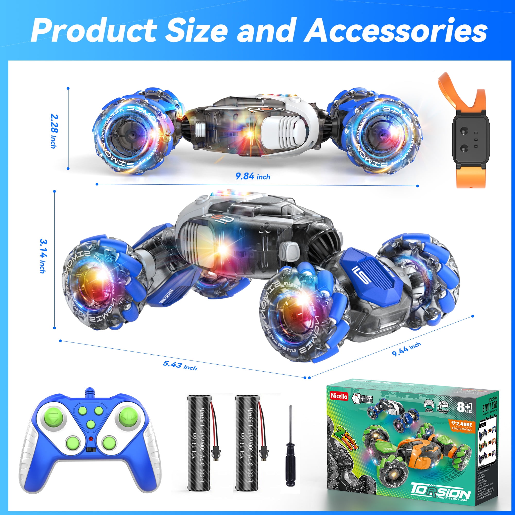 Nicella Remote Control Cars for Boys Girls 8-12, Gesture Sensing RC Stunt Car with Light & Music, 4WD, 360°Rotating, 2.4Ghz RC Drift Cars, Christmas Birthday Gift Car Toys for Kids