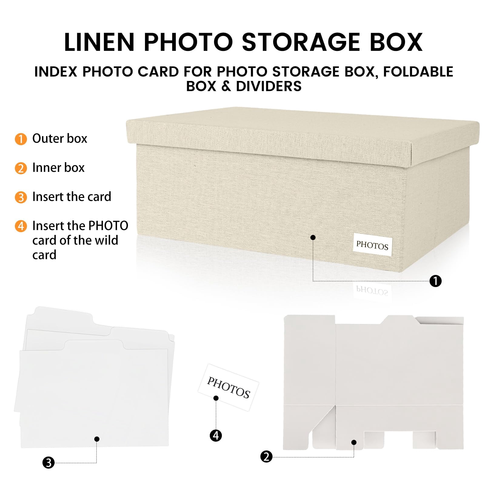 Beige 5*7 Inch Photo Storage Chest Linen Organizer with Dividers