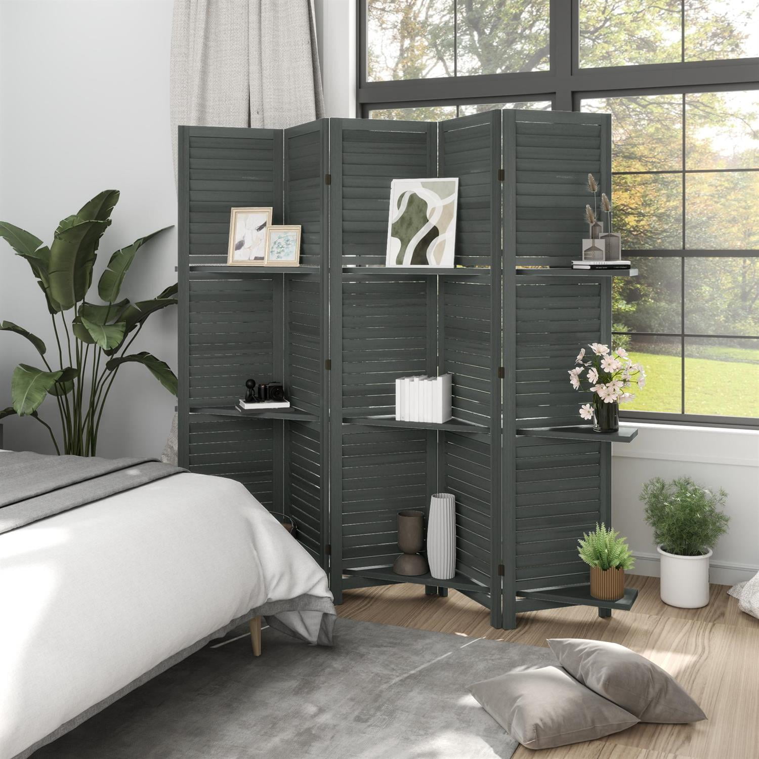 Demi Bonn 67" Tall Wood Privacy Screen Room Divider with 5 Panels, 3 Shelves, Folding Storage for Bedrooms, Gray