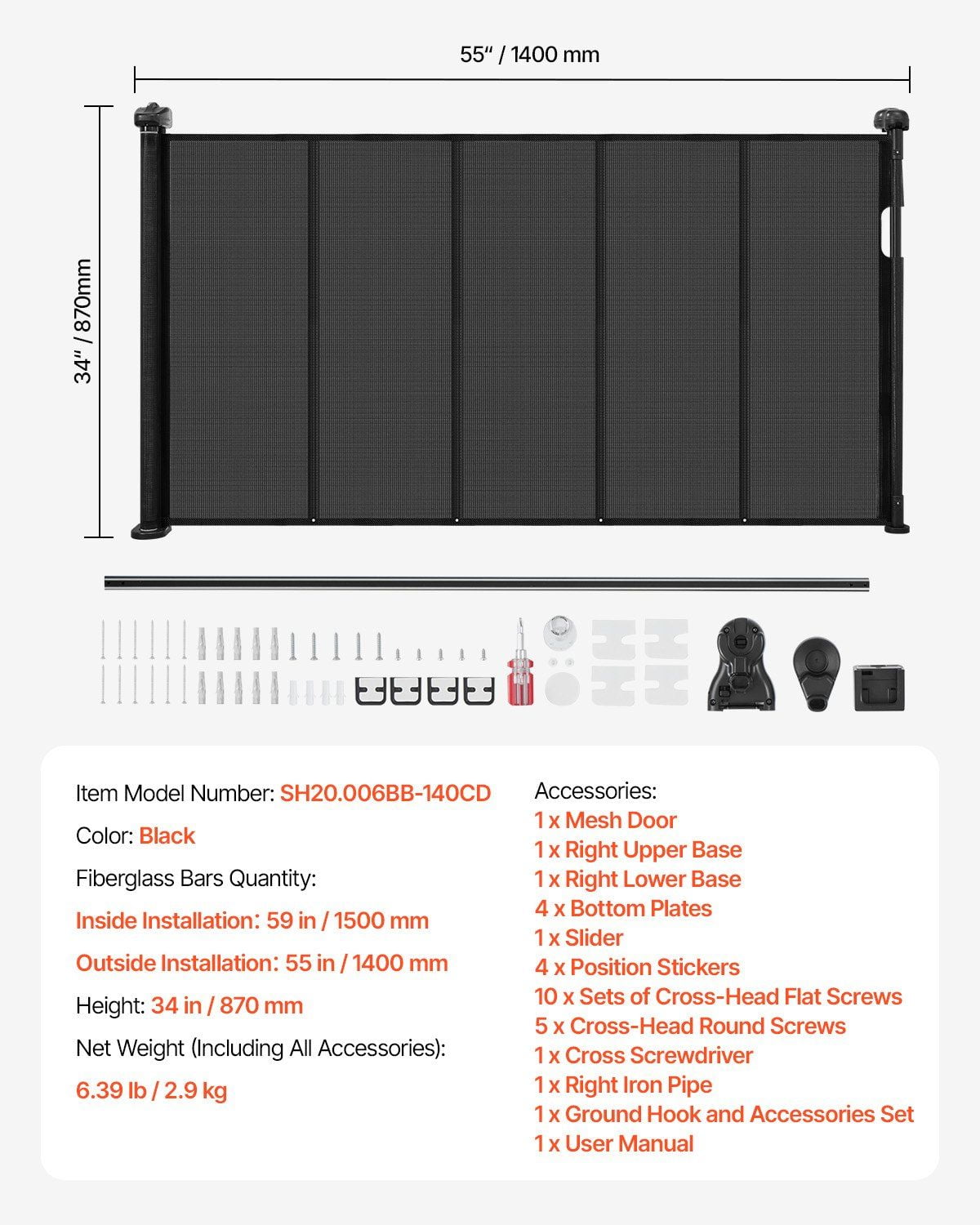 Retractable Baby Gate 34 in Tall, Extends to 55 in Wide, Adjustable Black Mesh Gate for Kids and Pets, Anti-Crawl Bottom Strip, One-Handed Operation, Durable Scratch-Resistant Mesh, Space-Saving