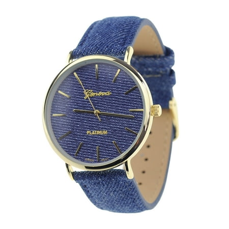 - Unisex Geneva Japanese Movement Gold-Tone Dark Denim Covered Faux Leather Strap Watch