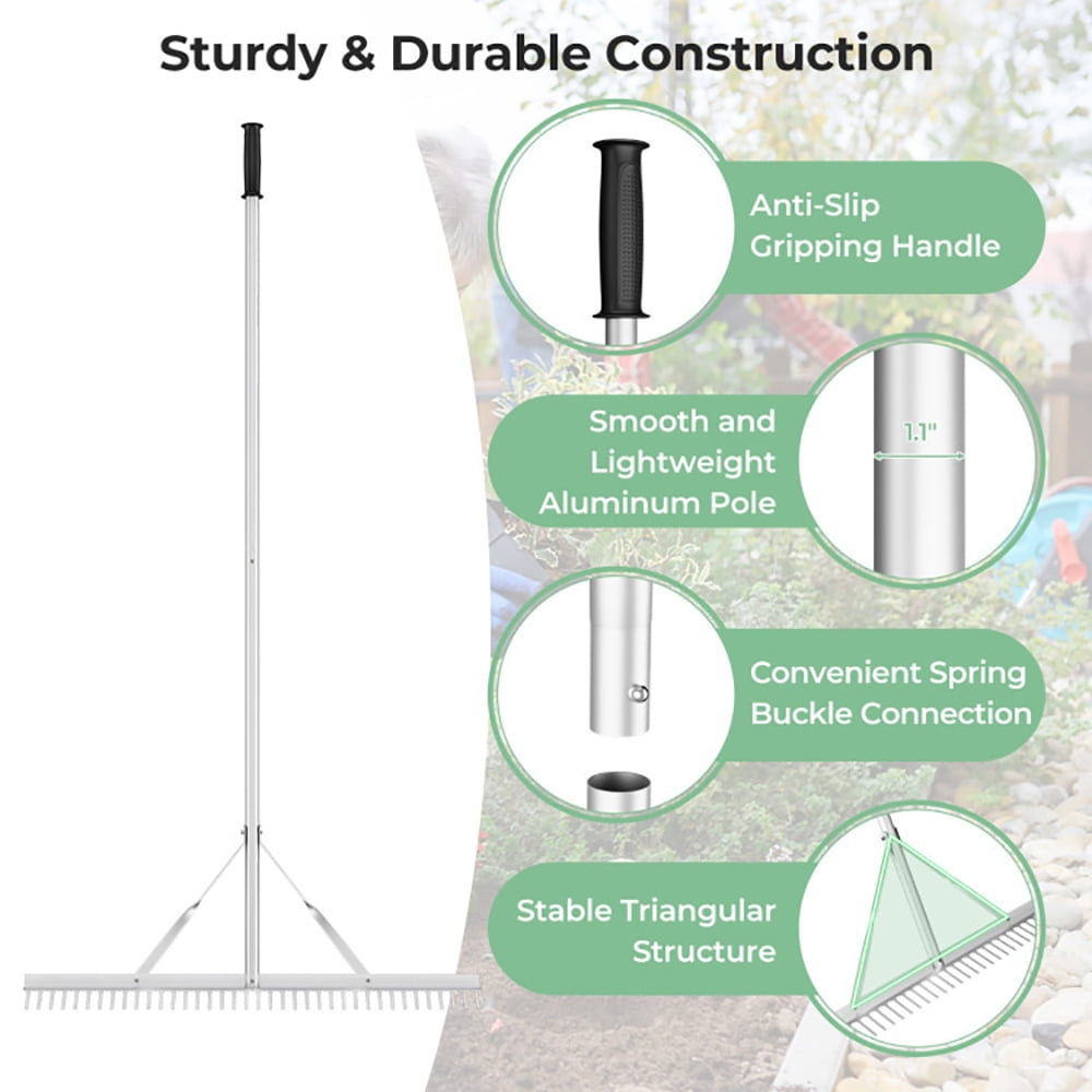Yardi Yard Aluminum Rake with 36" Wide Rake Head and 68" Long Handle, Rolling Lawn Aerator, Rotary Spike Lawn Aerator