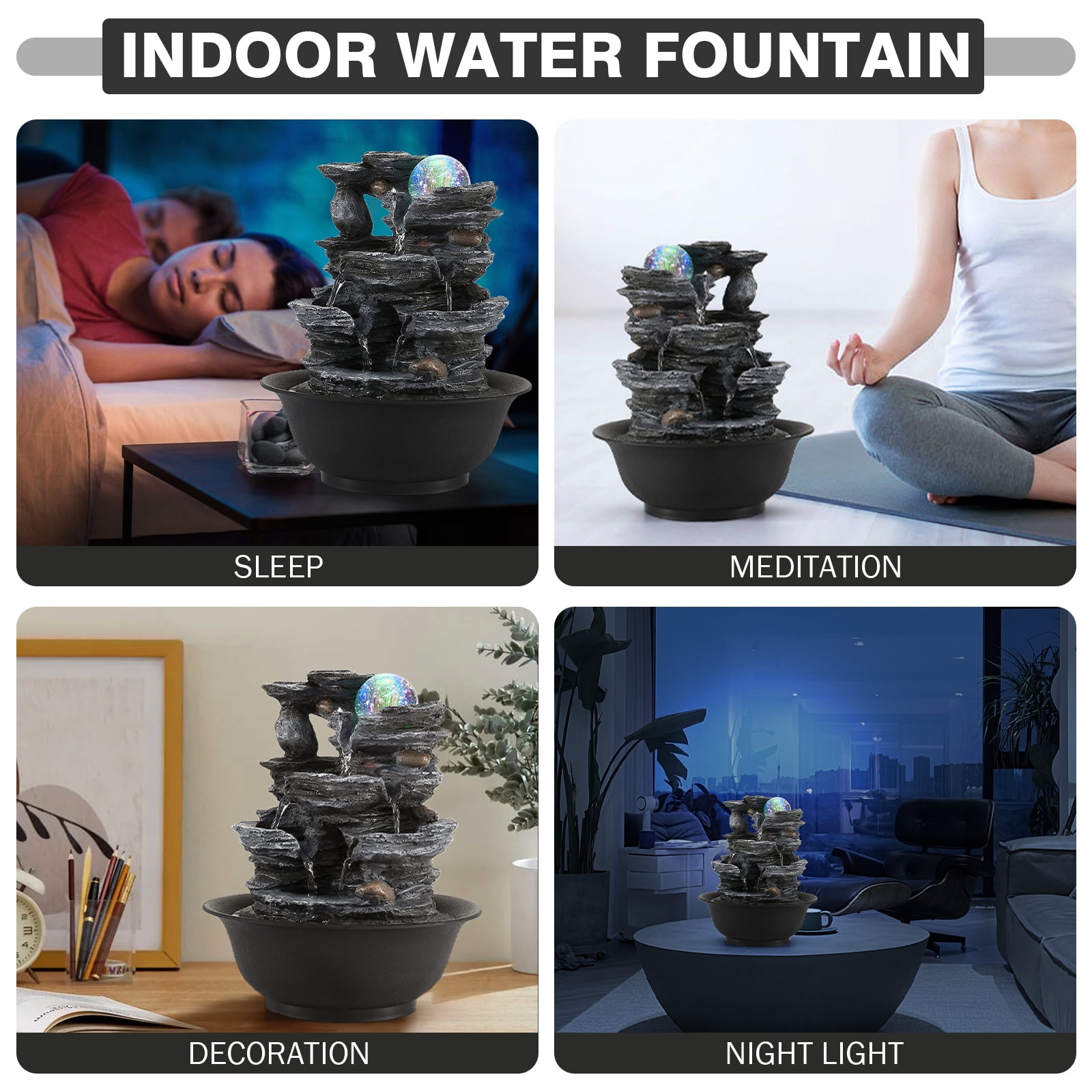 BEAMNOVA 10.2"Tall Tabletop Water Fountain, 3 Tier Rockery Waterfalls Indoor Fountain with Rolling Ball, Colored Light