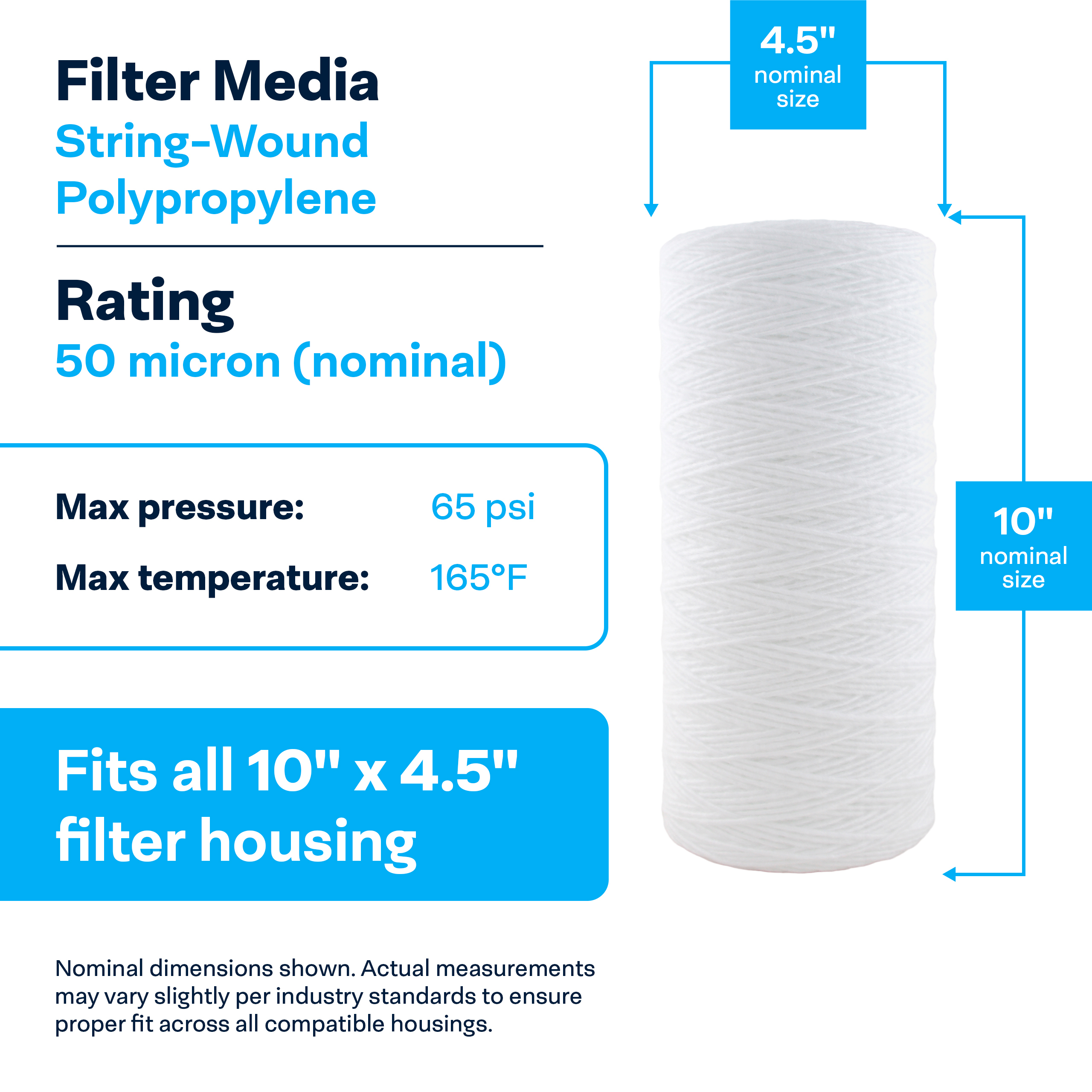 SpiroPure SP-WP50-BB 10x4.5 50 Micron String-Wound Polypropylene Water Filter Cartridge SWC-45-1050 WPX50BB97P 355220-43 AP814 (Case of 8)