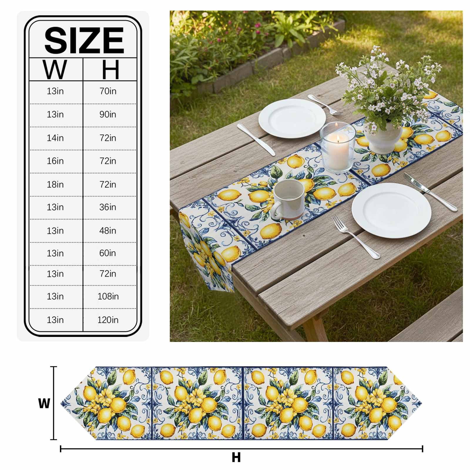 Yellow Lemon Table Runner Linen Burlap Table Runner 108 Inches Long Middle Century Blue Italian Textured Dresser Scarves for Kitchen Island Coffee Dining Room Party Holiday Decoration 13"x108"