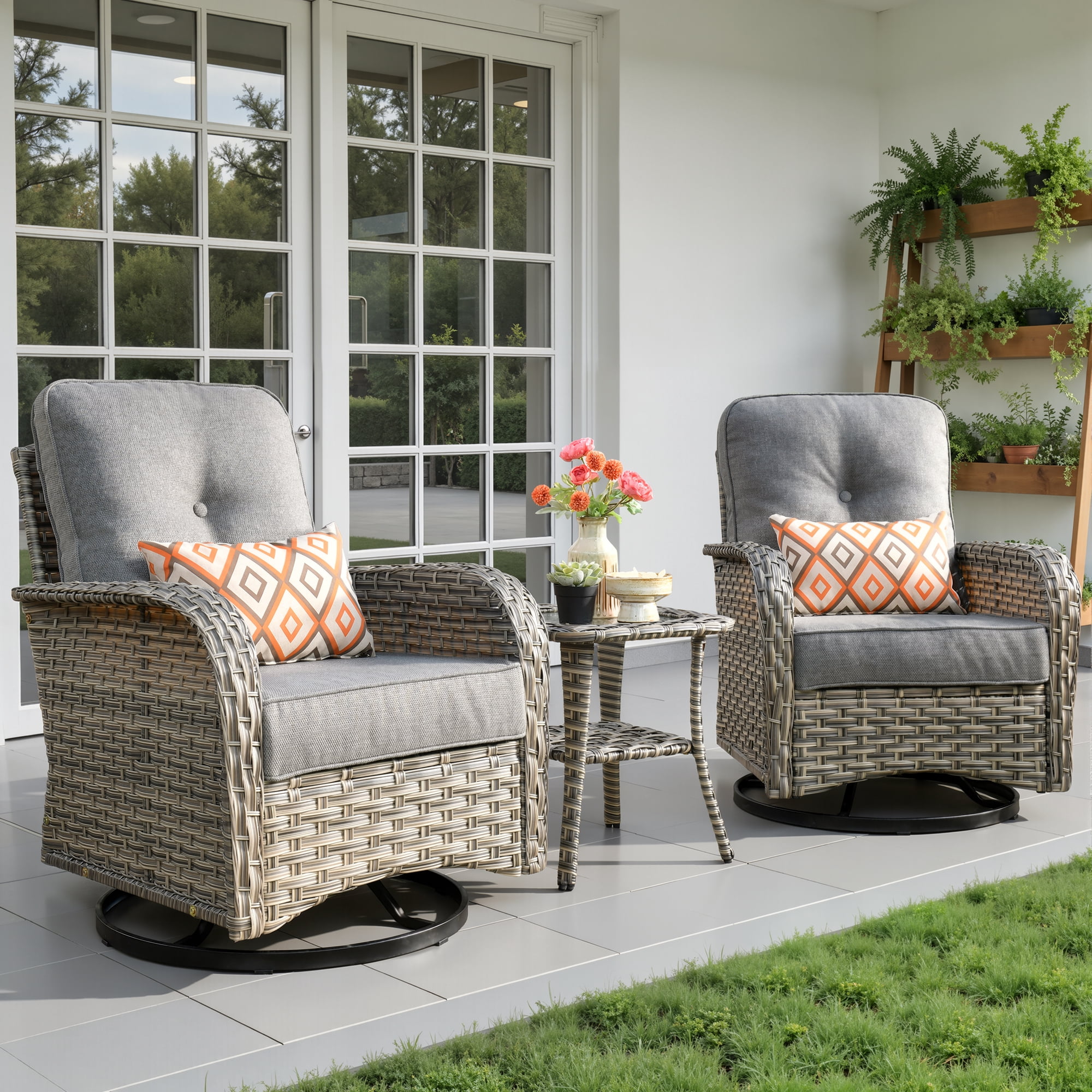 Ovios 3 Pieces Patio Furniture Set 2 Swivel Rocking Chairs Wicker Glider Chairs with Side Table for Backyard or Balcony