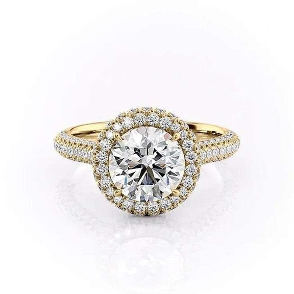 vylahjewellery Round Cut Diamond Halo Engagement Ring for Women 10K Vermeil Yellow Gold Bridal Promise Ring with Pave Band Sparkling Bridal Engagement Proposal Ring Gift