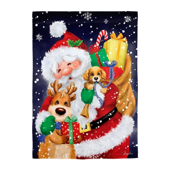 Evergreen Santa, Reindeer and Puppy Suede Garden Flag 12 x 18 Inches Indoor Outdoor Decor