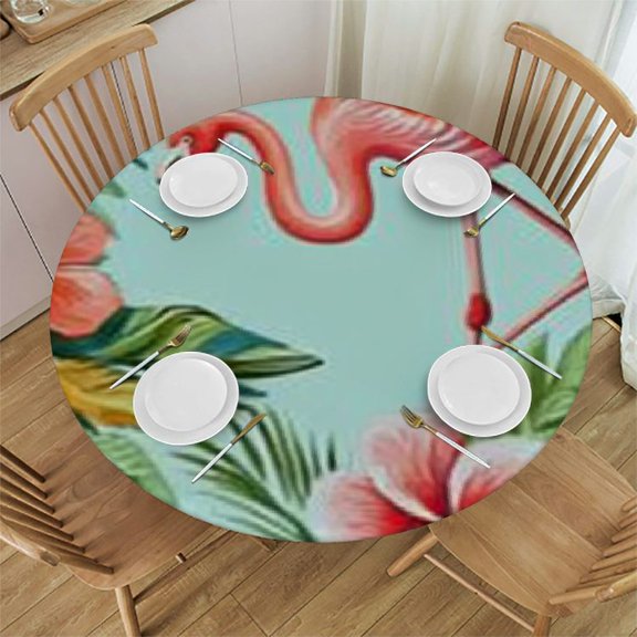 Hawaii Round Fitted Tablecloths, Tropical Flamingo & Flower Elastic Edge Home Decor Tablecloths, Erasable Washable