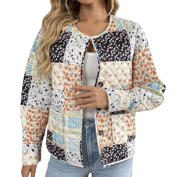 Kilaqueen Fall Jackets for Women 2025 Long Sleeve Fashion Print Patchwork Button Down Crew Neck Coats Trendy Casual Warm Outwear