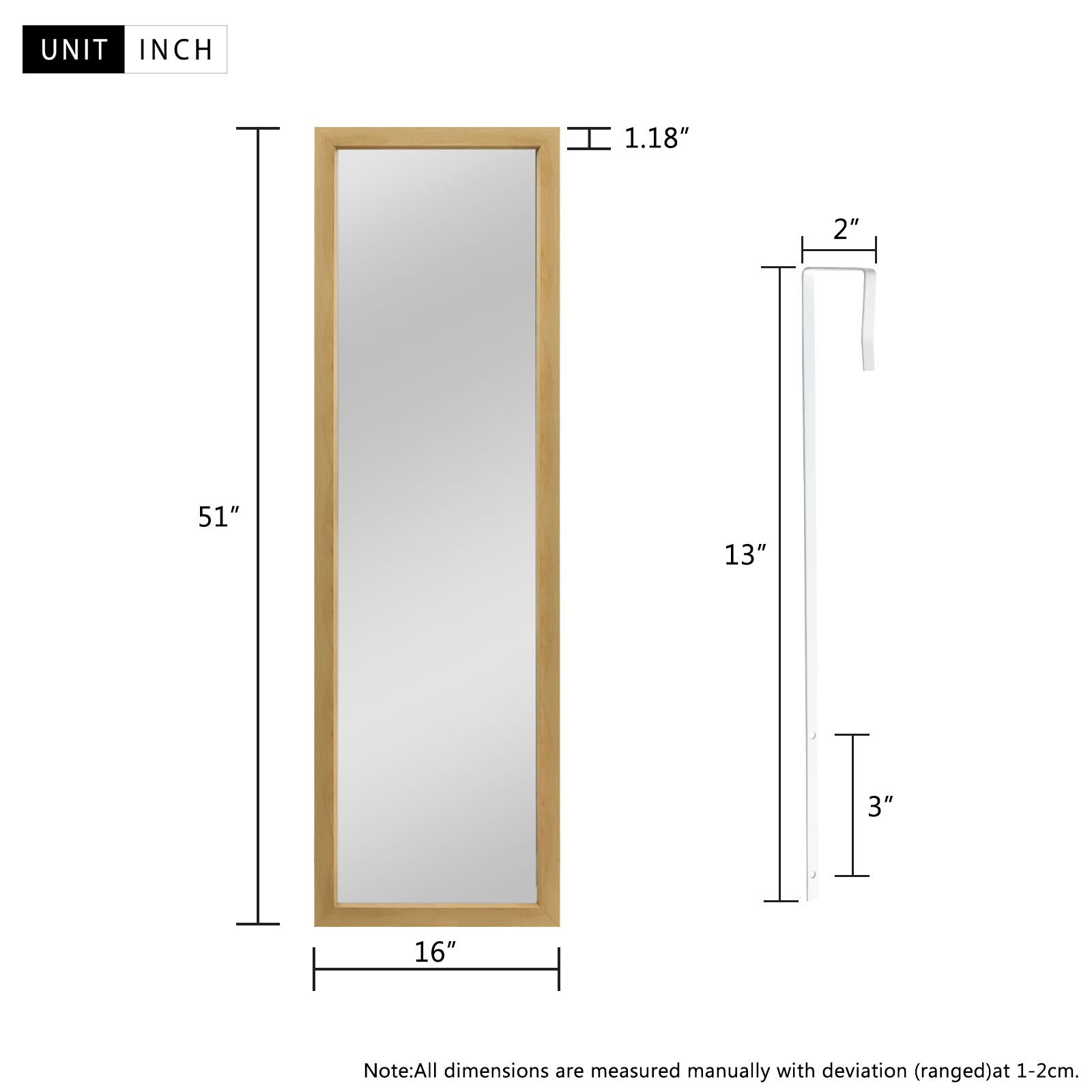 51"*16" Full Length Over The Door Mirror Hanging Mirror for Bedroom Dorm Room Black