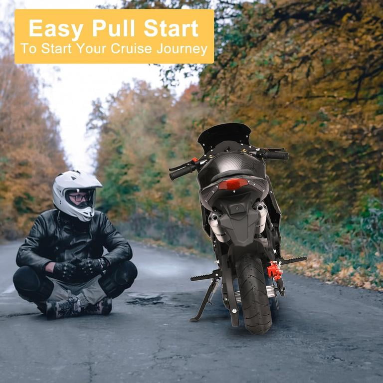 Dirt Bike 49cc 4-Stroke Gas, Low Noise Gas Pocket Bike for Teens 25mph Pull Start Disc Brakes Durable Black