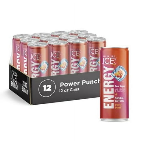Sparkling Ice +ENERGY Power Punch Sparkling Water. Energy drinks with Vitamins & Electrolytes, Zero Sugar, 12 fl oz Cans (Pack of 12)