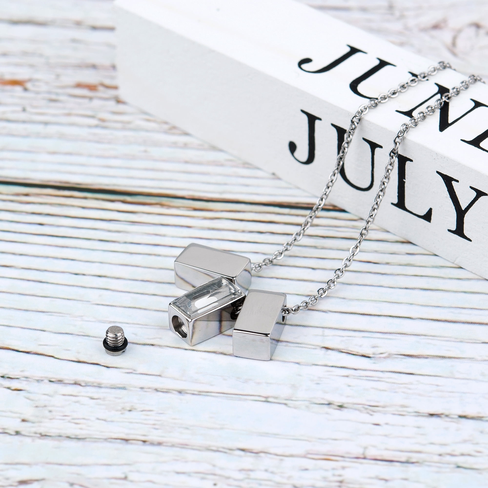 Anavia See You Cremation Necklace for Ashes, Mini See Through Urn Necklace, Mini Cube Cremation Pendant, Cremation Jewelry, Memorial Jewelry, Mini Urn w/ Multicolor Cubes-[Silver]